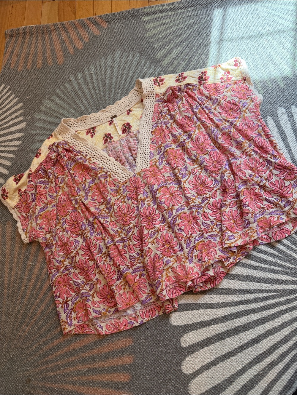 Free People Pink Floral Crochet-Trim Peasant Top